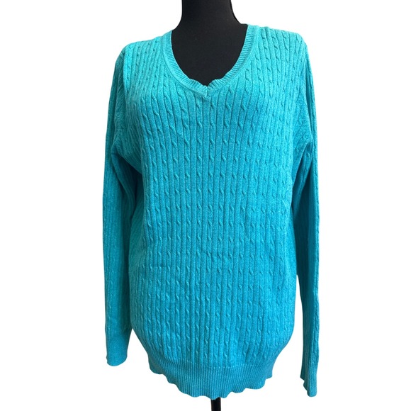 Kim Rogers Sweaters - Kim Rogers Womens Turquoise Blue 100% Cotton Cable Knit V-Neck Sweater Size L